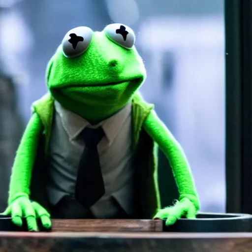 Image similar to Kermit the frog as John wick in John wick 4k hd movie still realistic render symmetric gritty trailer