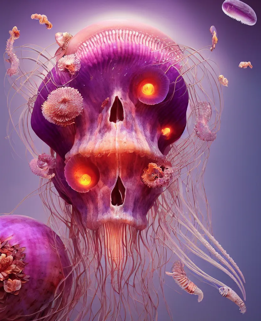 Image similar to goddess princess face close-up portrait ram skull. jellyfish phoenix head, nautilus, orchid, skull, betta fish, bioluminiscent creatures, intricate artwork by Tooth Wu and wlop and beeple. octane render, trending on artstation, greg rutkowski very coherent symmetrical artwork. cinematic, hyper realism, high detail, octane render, 8k