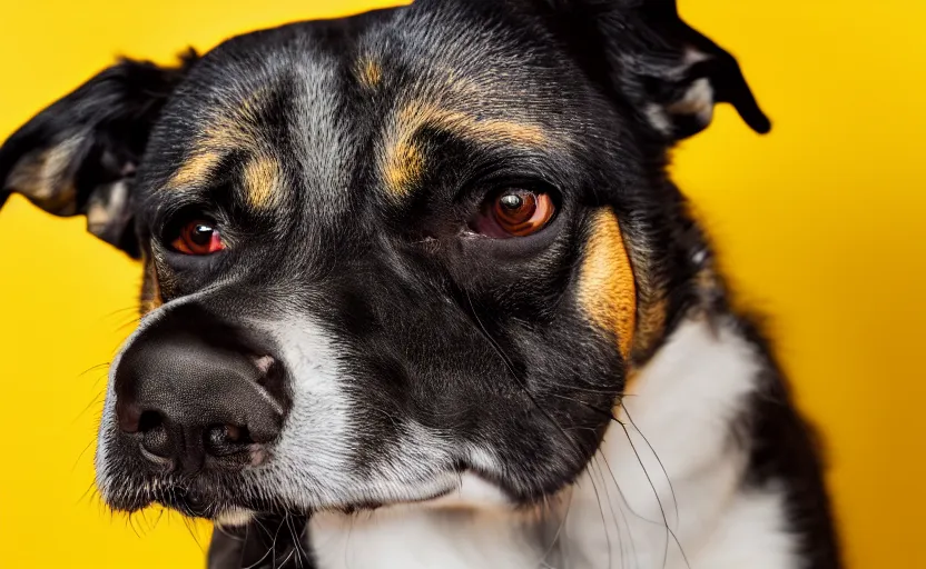 Prompt: studio photography of a dog sitting in front of a yellow background, detailed face, cinematic lighting, 8 k