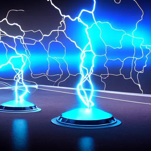 Image similar to photography of a hyper realistic tesla coils, highly detailed and realistic complex blue lightnings arround it. high detail, professional digital art, unreal engine 5 8 k rendering, stunning, artstation