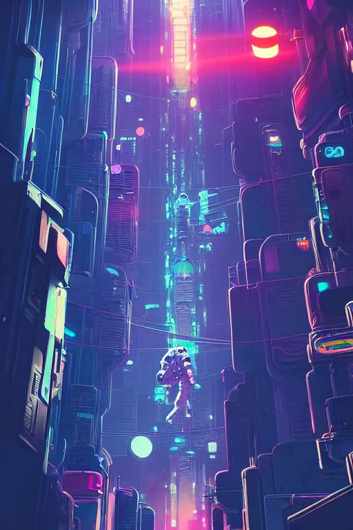 Image similar to A picture of an astronaut close to the camera in a upside down cyberpunk city by moebius, Neil Blevins and Jordan Grimmer, neon lights, surreal