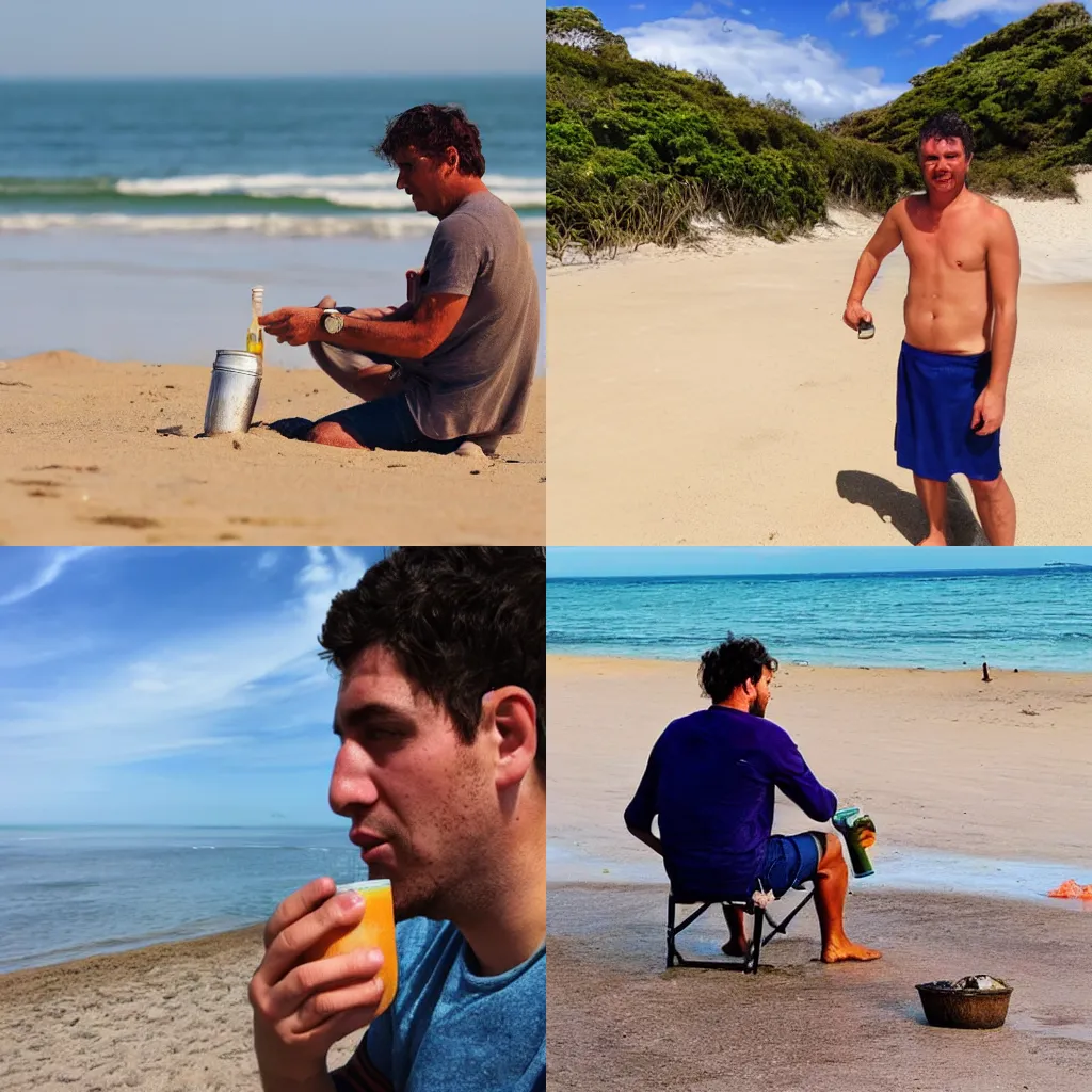 Prompt: an uruguayan drinking mate on the beach