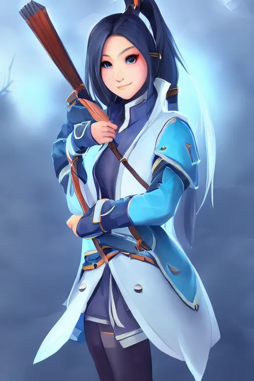 Prompt: a south korean female from paladins, white ponytail hair, she is holding a kunai, wearing light blue jacket, highly detailed digital art, character design, masterpiece