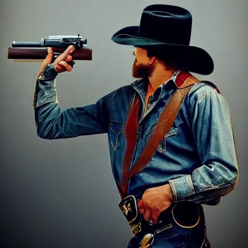 Image similar to a cowboy wearing a cowboy hat and shooting a revolver into the air. digital art. trending on artstation. amazing quality. great composition. perfect lighting. professional design. mind blowing detail. impressive colors. award winning art.