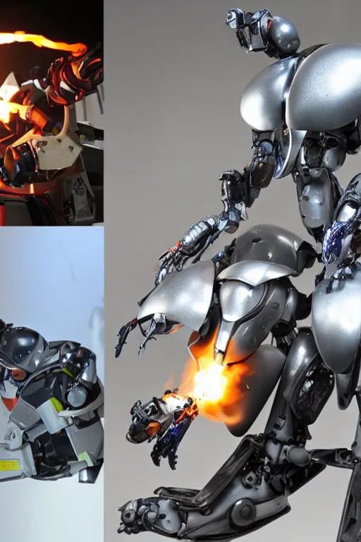 Prompt: a humanoid beetle robot, beetle-inspired, inafune design, scarab reploid, welding torches for arms