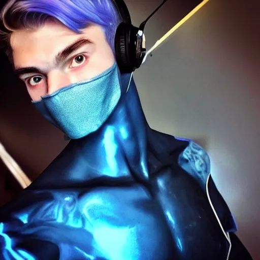 Image similar to “a realistic detailed photo of a guy who is an attractive humanoid who is half robot and half humanoid, who is a male android, twitch streamer Ninja Tyler Blevins, shiny skin, posing like a statue, blank stare, gaming room, blue hair”