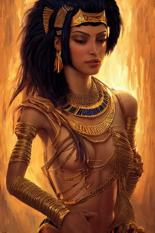 Image similar to Saba Mubarak as egyptian princess, gorgeous, portrait, powerful, intricate, beautiful, masterpiece, elegant, volumetric lighting, digital painting, highly detailed, artstation, sharp focus, illustration, Hajime sorayama, ruan jia