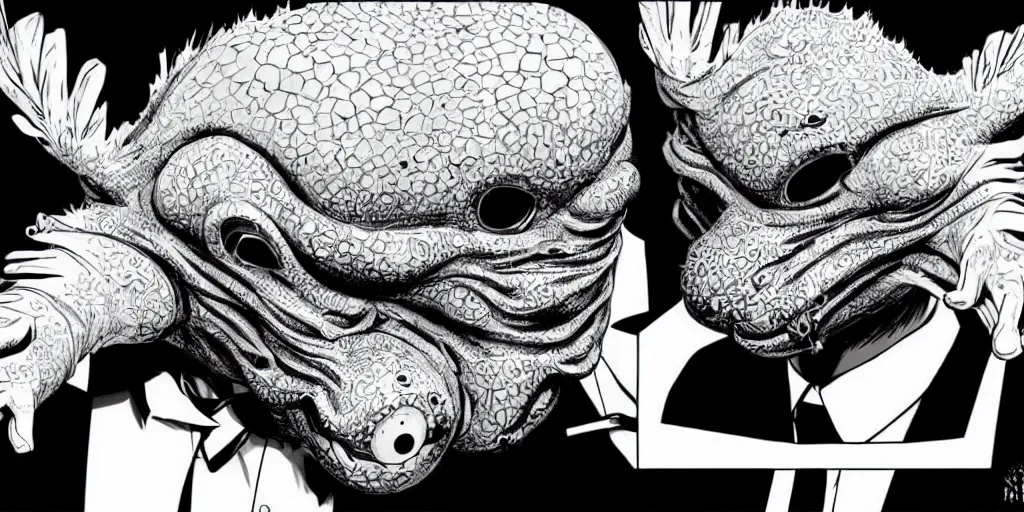 Image similar to a man in a black suit wearing an axolotl mask. ultrafine hyperdetailed illustration by kim jung gi