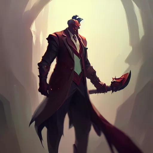 Image similar to concept art of league of legends character gentleman from hell, greg rutkowski, trending on artstation, highly detailed, photorealisitc, ambient lighting