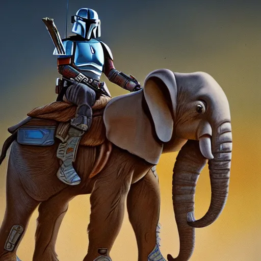 Prompt: painting of the mandalorian riding an elephant, intricate, high detail, in the style of mandalorian end credit concept art