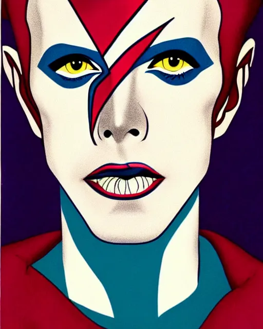 Prompt: Aladdin Sane era David Bowie, by Patrick Nagel for Vogue Italia