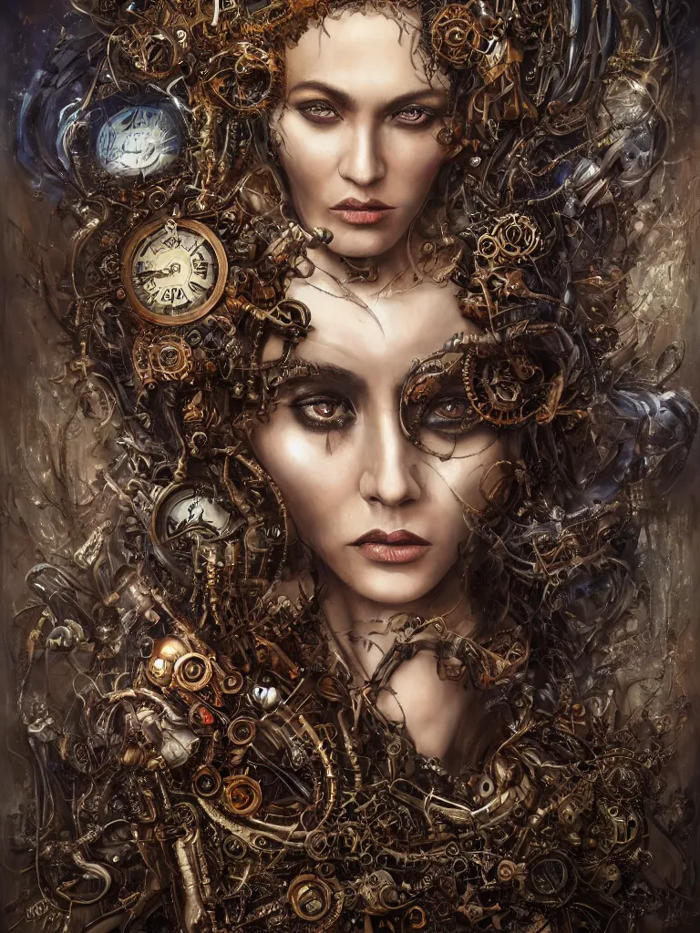 Image similar to very complex hyper-maximalist overdetailed cinematic darkfantasy portrait of an elegant very attractive steampunk woman by andrei riabovitchev, tomasz alen kopera, oleksandra shchaslyva. Omnious intricate. Focus on face. Artstation. Deviantart. 8k 4k 64megapixel. Rendered by binx.ly. discodiffusion style portrait.
