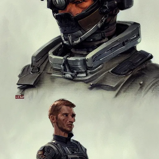 Image similar to Portrait of a man by Greg Rutkowski, he is about 40 years old, short copper hair, attractive, military composure, younger brother vibes, expression of sorrow and disbelief, he is wearing futuristic space tactical suit, highly detailed portrait, digital painting, artstation, concept art, smooth, sharp foccus ilustration, Artstation HQ.