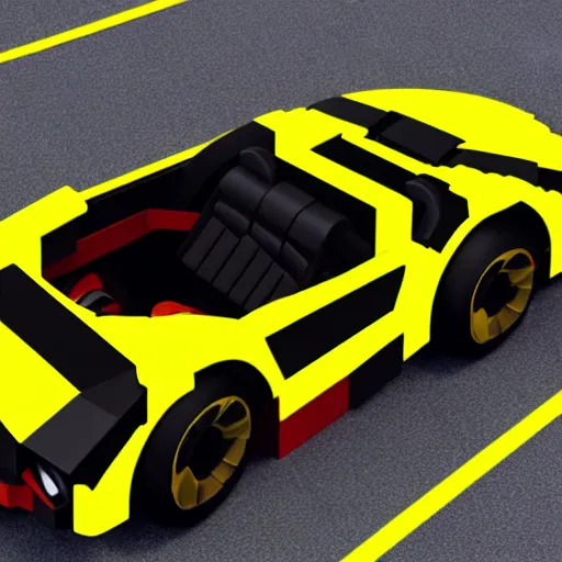 Prompt: black, yellow and red futuristic sports car built entirely using lego, 3 d render, unreal engine trending on artstation, top selection on unsplash.