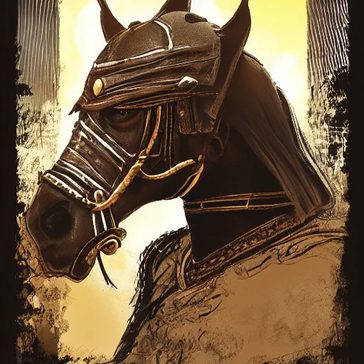 Image similar to an illustration for a new video game, by square enix, about a hero who fights for his nation, very realistic detail depiction with all perfection in even the smallest parts, wearing a turban and also a black horse, his clothes are very desert patterned, and also symmetrical, perfect shape, and also very detailed, this illustration is drawn by yoshitaka amano