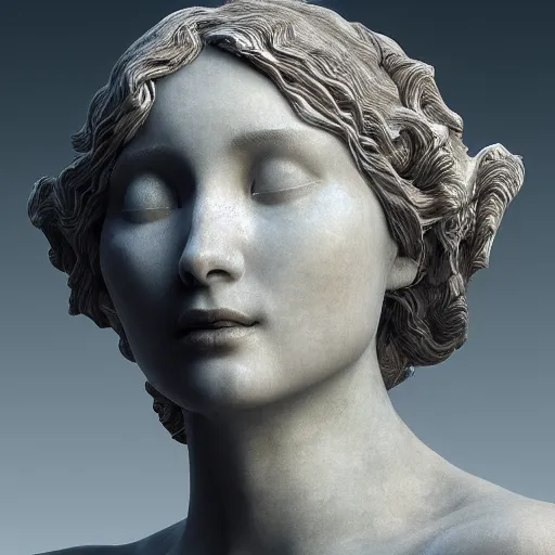 Image similar to “a delicate marble sculpture dramatic portrait of a woman covered with water veil, highly detailed marble cloth, gi, global illumination, physically based rendering, photorealistic, top light, dark background”