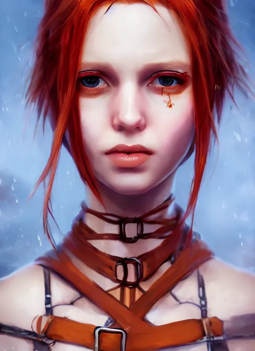 Image similar to Beautiful redhead girl which chest wrapped in bandages, portrait, fantasy, medieval, vivid colors, fantasy, elegant, concept art, sharp focus, beautiful face, digital art, Hyper-realistic, 4K, Unreal Engine, Highly Detailed, HD, Dramatic Lighting by Brom, trending on Artstation