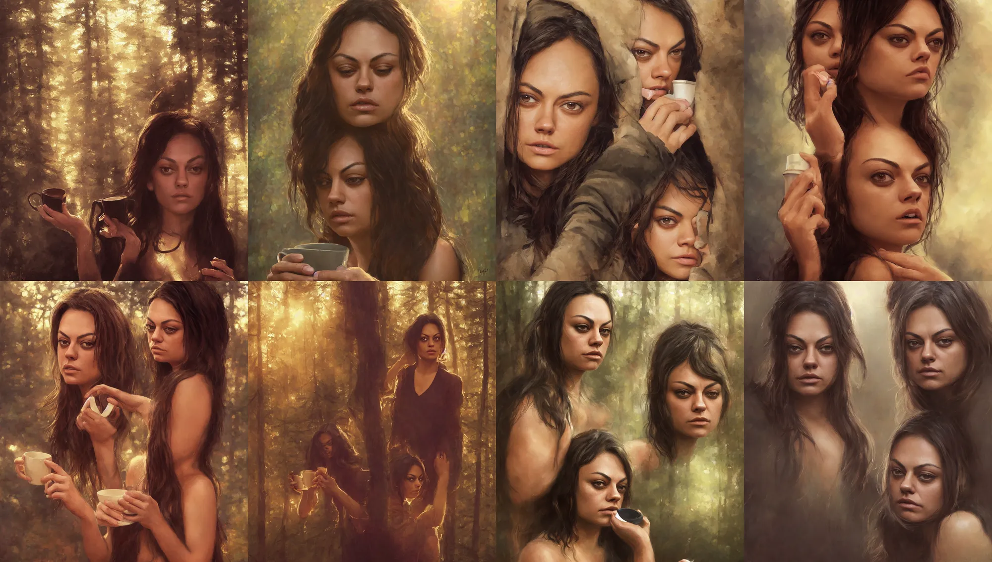 Image similar to close portrait of sleepy mila kunis waking up with coffee, dramatic light, morning golden hour, forest cabin background, 2 0 0 mm focal length, 1 9 7 0 s, painted by stanley lau, painted by greg rutkowski, painted by stanley artgerm, digital art, trending on artstation