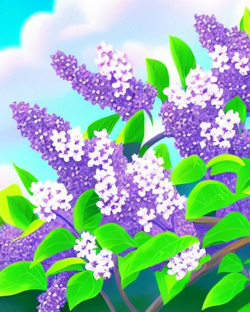 Image similar to lilac flowers, lilac blooms, spring, blue sky, may bug, white clouds, romanticism, the art style and print