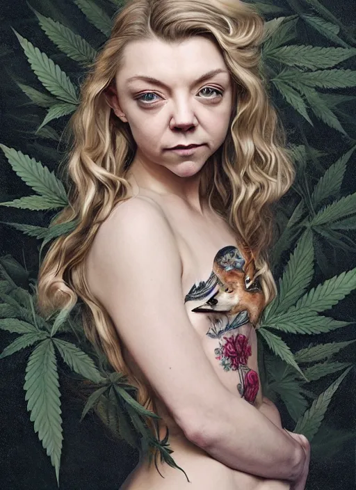 Image similar to natalie dormer wearing miniskirt made of marijuana with fox - tail, beautiful tattoos, focus, zeiss lens, detailed, symmetrical, centered, by nicoletta ceccoli, mark ryden, lostfish, earl nore, hyung tae, frank frazetta, breathtaking, 8 k resolution, extremely detailed, beautiful, artistic, hyperrealistic, award - winning photography