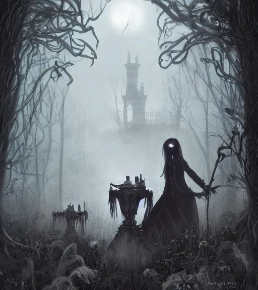 Prompt: gothic dead beautiful female witchs, digital painting, liminal eerie midnight backlit, a picture taken by Daniel Dos Santos and Michael Komarck