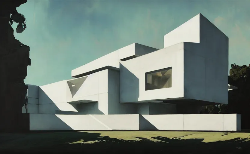 Image similar to painting of a wide angle exterior shot of a white brutalist architecture house with cinematic lighting by zaha hadid and peterzumthor, darek zabrocki and greg ruthkowski, alphonse mucha, simon stalenhag and cinematic and blue cold atmospheric, archillect concept art, artstation, trending on artstation