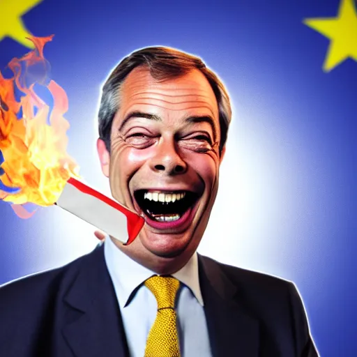 Image similar to nigel farage laughing holding lighter, burning eu flag, studio photograph, hd, studio