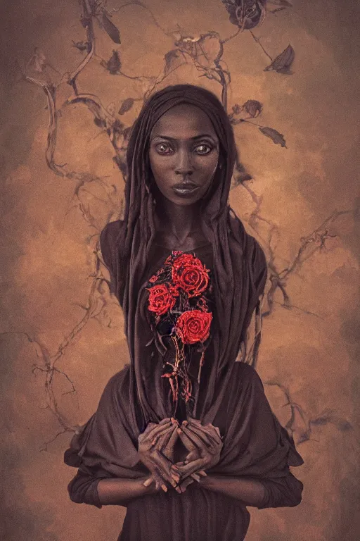 Image similar to Rose witch portrait, black woman, very dark brown skin, southern gothic style, ornate baroque details, tarot, occult, roses, inspired by zdzislaw beksinski :: 4k photograph, photographed by Jovana Rikalo, Trending on artstation, artstationHD, artstationHQ, 4k, 8k