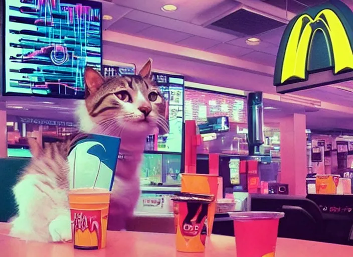 Prompt: a cat is the boss in mc donalds, synthwave style
