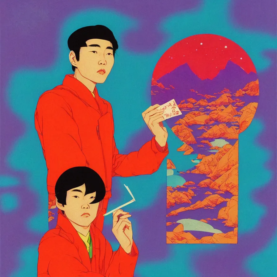 Prompt: a retro portrait of a young asian man holding a colorful blotter paper of lsd acid and dreaming psychedelic hallucinations in the vast icy landscape of antarctica, by soul bass, kawase hasui, moebius and edward hopper, colorful flat surreal design, xray hd, 8 k, artstation