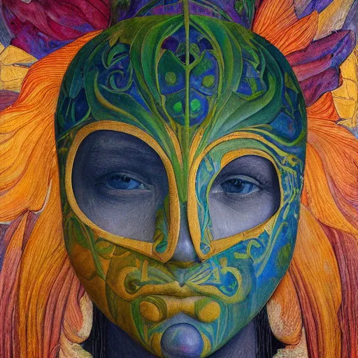 Prompt: masterpiece painting of a facemask made of flowers, by annie swynnerton and jean delville and tino rodriguez and diego rivera, flower mask, symbolist, dramatic lighting, god rays, elaborate geometric ornament, clean crisp graphics, soft cool colors, smooth sharp focus, extremely detailed
