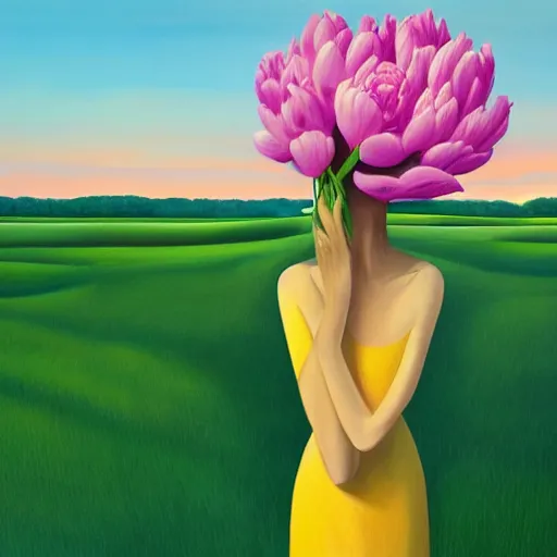Prompt: huge flower as head, woman standing in a field, surreal, flat light, painting, digital painting, artstation, georgia o'keeffe