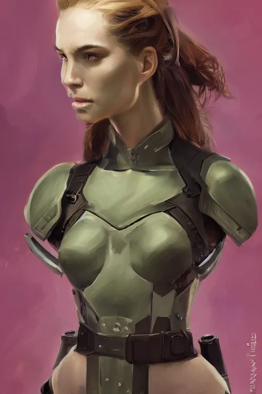 Image similar to a professionally painted portrait of an attractive young woman, clothed in military armor, olive skin, long dark hair, beautiful bone structure, symmetrical facial features, intricate, elegant, digital painting, trending on Artstation, concept art, smooth, sharp focus, illustration, from Metal Gear by Ruan Jia and Mandy Jurgens and Artgerm and William-Adolphe Bouguerea, award winning