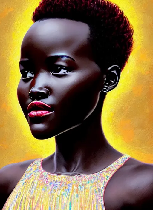 Prompt: gorgeous and beautiful lupita nyong'o, half body shot, path traced, highly detailed, high quality, digital painting, alena aenami, lilia alvarado, shinji aramaki, karol bak, alphonse mucha, tom bagshaw