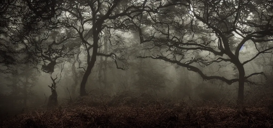 Image similar to a 8 5 mm realistic photograph of a 6 armed serpent goddess + dark fantasy + nightime + ancient forest + dramatic lighting + fog