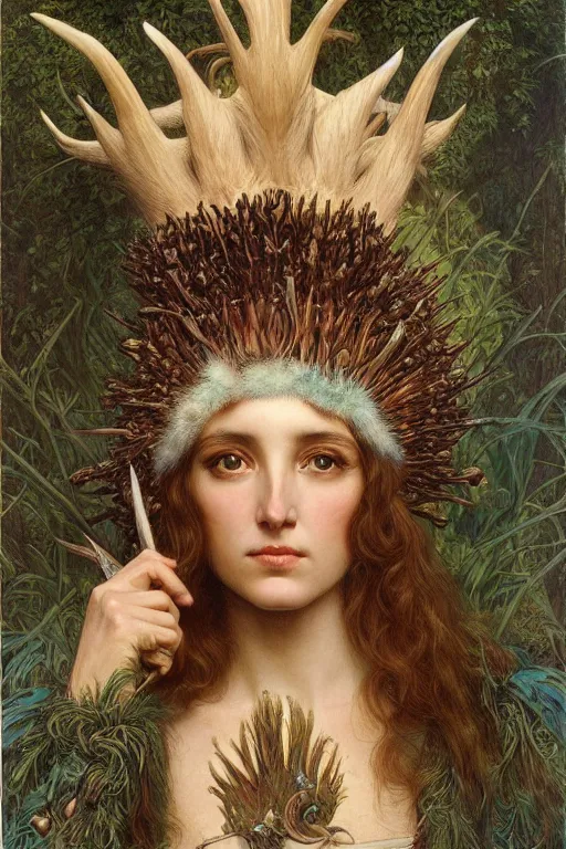 Image similar to a detailed portrait of a green haired brown eyed queen of feathers with an antler crown by wayne barlowe and mucha