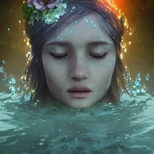 Image similar to ultra realistic 3 d render of a goddess made of water and flowers rising out of the water dripping by charlie bowater, beautiful, bioluminescent, ethereal, mist, waterfall
