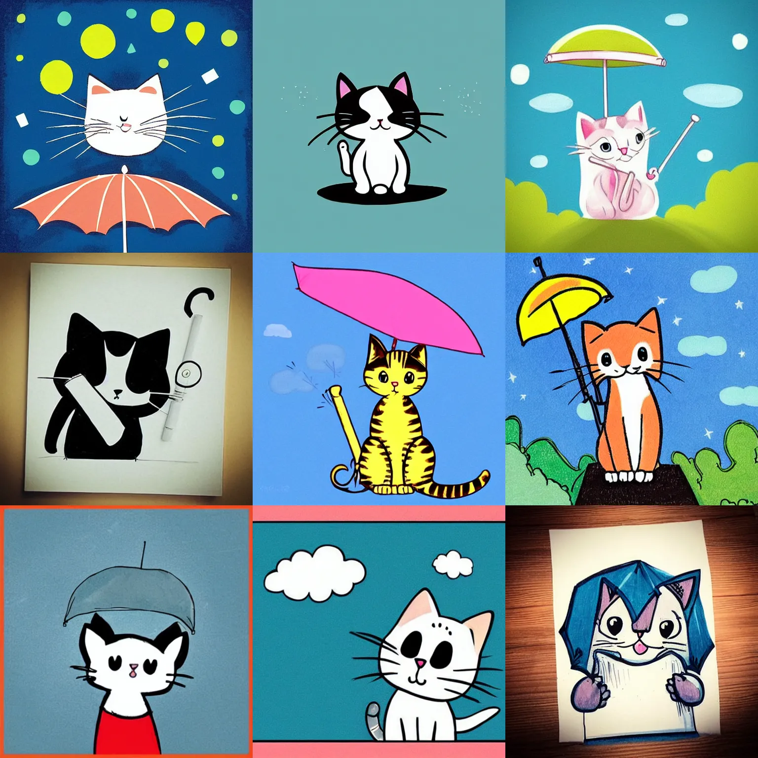 “Cute cartoon kitty holding an umbrella looking up at | Stable ...