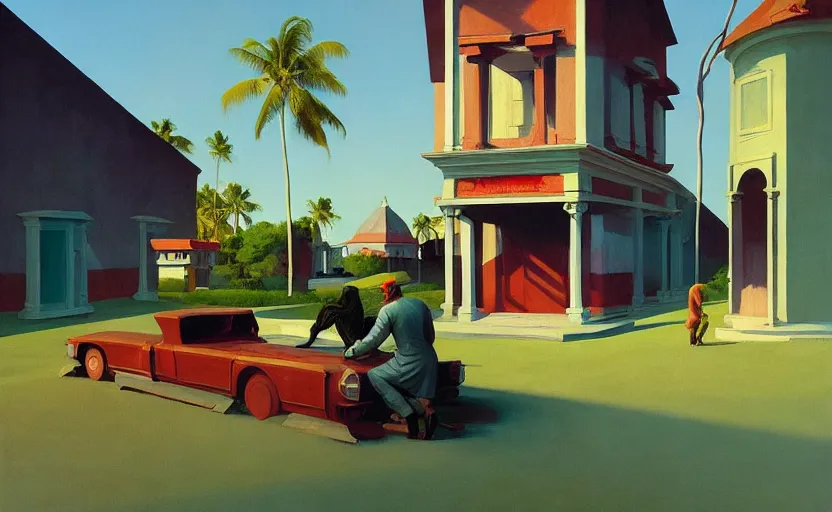 Image similar to Mysteriuos kerala village, very coherent, painted by Edward Hopper, Wayne Barlowe, painted by James Gilleard, airbrush, art by JamesJean