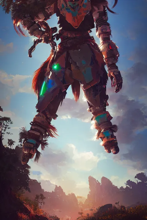 Image similar to combination suit armor aloy horizon forbidden west horizon zero dawn radiating a glowing aura global illumination ray tracing hdr fanart arstation by ian pesty and alena aenami artworks in 4 k tribal robot ninja mask helmet backpack