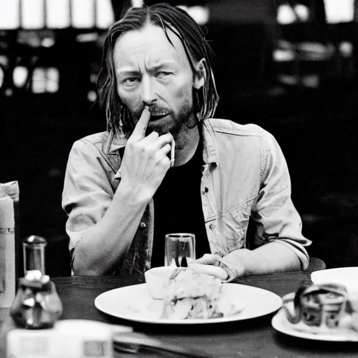 Prompt: 3 5 mm photograph of thom yorke having lunch with a literal radiohead