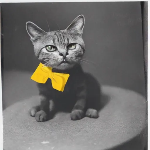 Image similar to a yellow cat with a top hat and a monocle, vintage photo