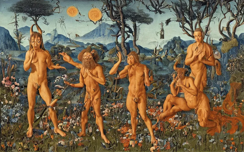 Image similar to a portrait photograph of a meditating satyr and a centaur monk riding a rocket machine and hunting at a river delta. surrounded by bulbous flowers and trees. mountain range under a blue sky of fiery stars. by jan van eyck, max ernst, ernst haeckel, ernst fuchs and artgerm, cgsociety, fashion editorial, 8 k