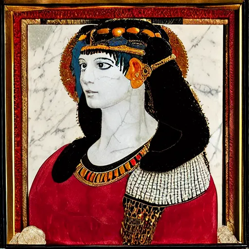 Prompt: portrait of cleopatra made of white marble and black onyx fusion, gold and red splatters, by michelangelo,