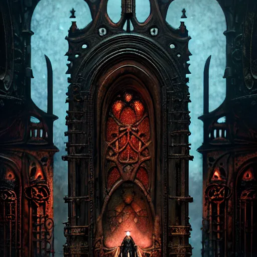 Image similar to steam necropolis, memento mori, gothic, neo - gothic, art nouveau, hyperdetailed copper patina medieval icon, stefan morrell, philippe druillet, ralph mcquarrie, concept art, steampunk, unreal engine, detailed intricate environment, octane render, moody atmospherics, volumetric lighting, ultrasharp, ominous, otherworldly