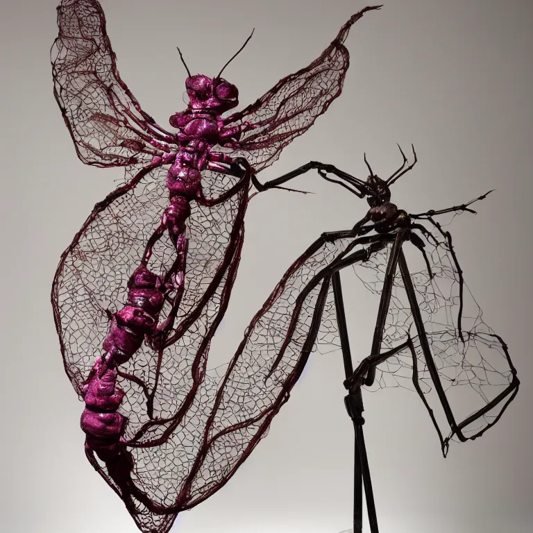 Image similar to hyperrealistic sculpture of a bronze fossilized cecropia moth spider in a large mesh cage made of magenta nylon wire and latex on a pedestal by ron mueck and duane hanson and lee bontecou, hyperrealistic dramatic colored lighting trending on artstation 8 k