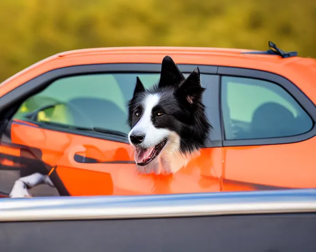 Prompt: border collie dog in the driver's seat of an orange nissan note, paws on wheel, car moving fast, rally driving photo, award winning photo, golden hour, front of car angle, extreme motion blur, 3 0 0 mm lens