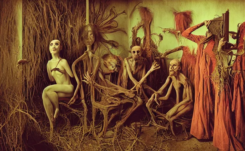 Image similar to 35mm color, humans enslaved, workhouse, portrait, fashion shoot, freak show, weird, random, strange, hyperdetailed, photorealistic, interesting, by David la chapelle and karol bak and david cronenberg and WETA digital, art by Zdzisław Beksiński, Ivan Bilibin, Dariusz Zawadzki , ID magazine, octane rendering, cinematic, hyperrealism, octane rendering, 8k, depth of field, bokeh.