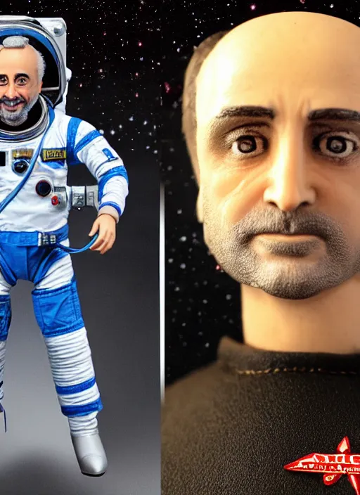 Image similar to richard garriott, action figure of richard garriott astronaut, realistic face, detailed product photo