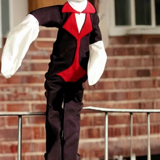 Prompt: mr bean dressed as the jigsaw puppet from saw riding around on a little tricicle